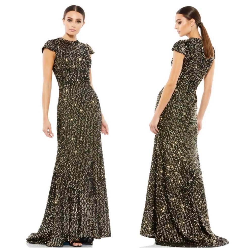 IEENA FOR MAC DUGGAL Sequined Cap Sleeve High Neck Gown NEW Size 8 Black Gold - Picture 14 of 14